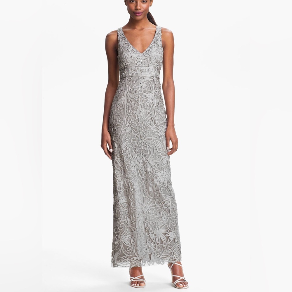 Sue Wong Silver-Gray Beaded Lace Evening Dress